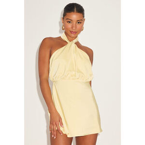 Lulus Sleek Essence Light Yellow Satin Halter Sleeveless Mini Dress - Size M